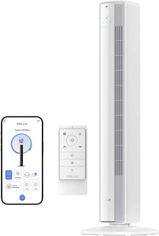 Della Intelligenter Turmventilator 42 Zoll für Schlafzimmer, Luftstrom 8,5 m/s, ultra leise 23 dB, 12 Geschwindigkeitsstufen, 90° Oszillation, Gleichstrommotor