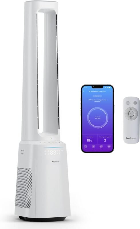 Pro Breeze OmniAir 105cm rotorloser Ventilator mit Luftreiniger - Smart Home Ventilator, WLAN, App, HEPA 13 Filter, 10 Geschwindigkeiten - Turmventilator sehr leise, 5 Modi, Auto 75° Oszillation