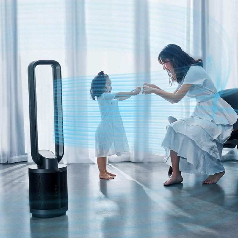 KANBUN Flügelloser Tischventilator mit Luftreiniger, oszillierender Turmventilator, Fernbedienung, 12-Stunden-Timer, 9 Geschwindigkeiten, leistungsstarker Standventilator und Luftreiniger
