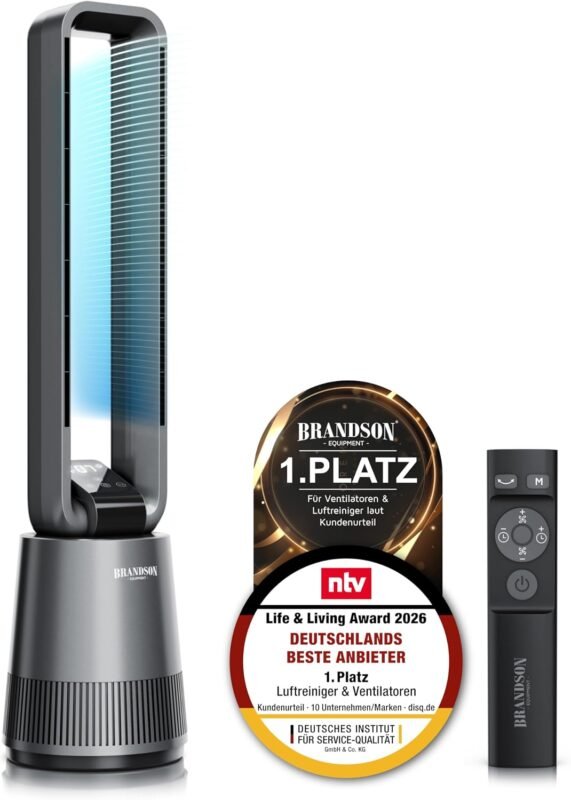 Brandson - Standventilator DC ECO Line - Blattlos rotorlos – Turmventilator DC Motor sehr leise - Sieger Ventilatoren und Luftkühler 2026 - Sleep-Modus – Fernbedienung – energieeffizient