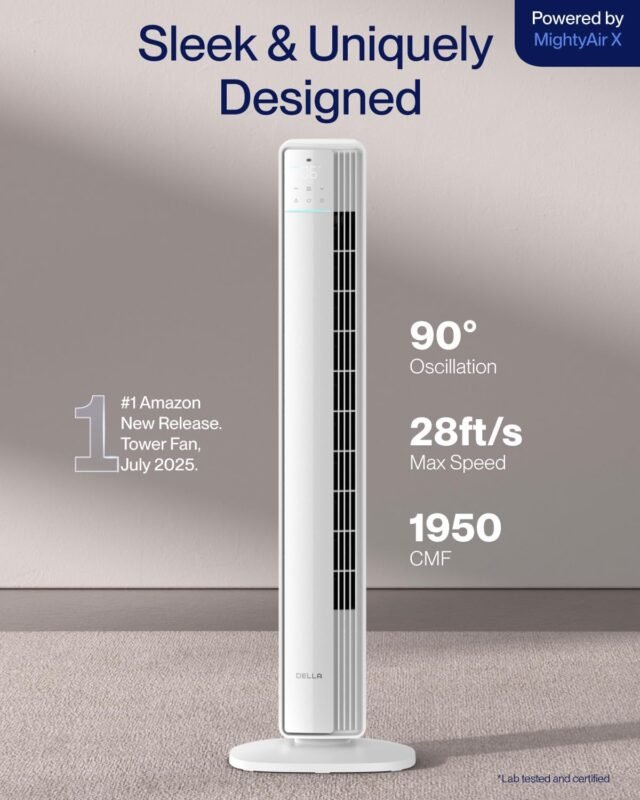 Della Intelligenter Turmventilator 42 Zoll für Schlafzimmer, Luftstrom 8,5 m/s, ultra leise 23 dB, 12 Geschwindigkeitsstufen, 90° Oszillation, Gleichstrommotor