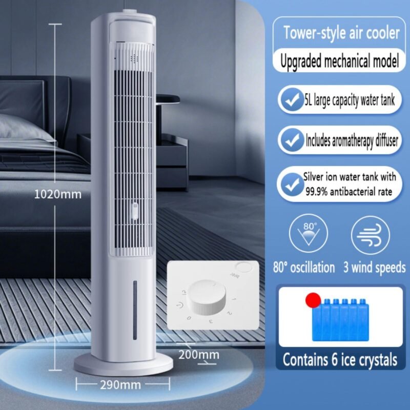 Leiser Turm-Klimagerät mit Verdunstungskühlung, 3 Geschwindigkeitsstufen, 12-Stunden-Timer und Aromafunktion. Tragbare Klimaanlage, Keine Fenster erforderlich, Kühlakkus, Abnehmbarer 5-Liter-Tank.