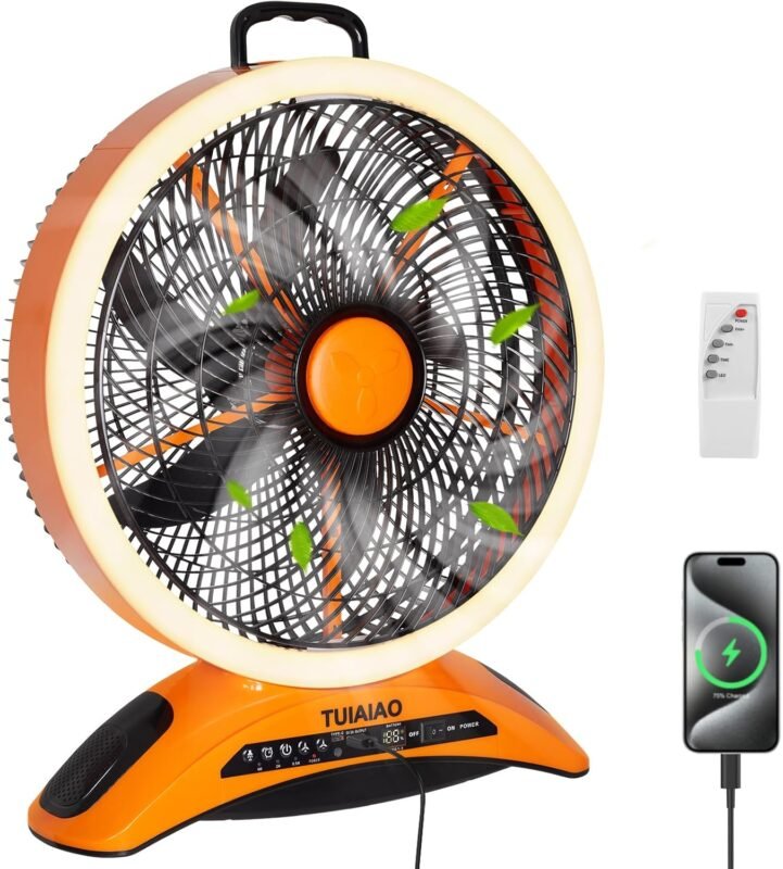 Übergroße 30,5 cm große Flügel und Super 830 CFM Luftstromventilator, 45000 mAh Powerstation, tragbarer Ventilator, Tischventilator, hohe Geschwindigkeit 8/niedrig 40 Stunden, LED-Leuchten