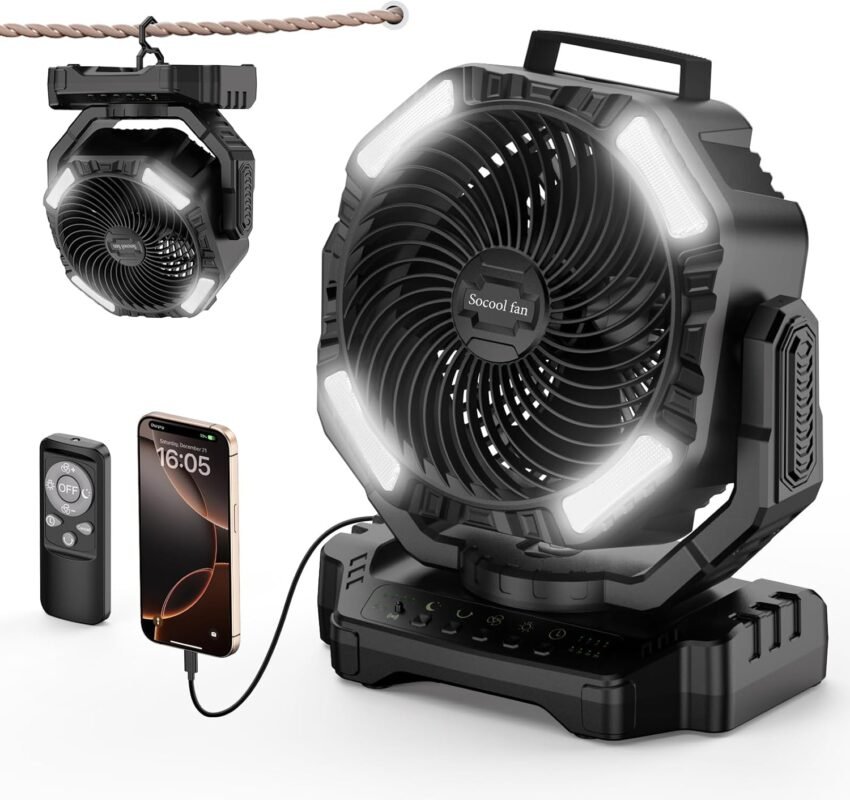 Socool 40.000 mAh Campingventilator, wiederaufladbar, batteriebetrieben, tragbarer Outdoor-Ventilator, Fernbedienung, 136 Stunden & 4 Geschwindigkeiten, kabellos, oszillierend, Tischventilator mit