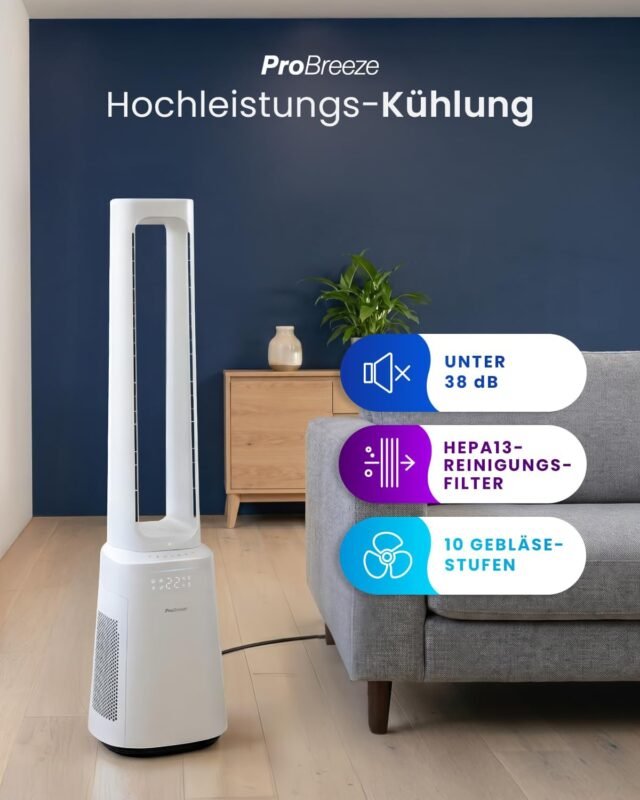 Pro Breeze OmniAir 105cm rotorloser Ventilator mit Luftreiniger - Smart Home Ventilator, WLAN, App, HEPA 13 Filter, 10 Geschwindigkeiten - Turmventilator sehr leise, 5 Modi, Auto 75° Oszillation