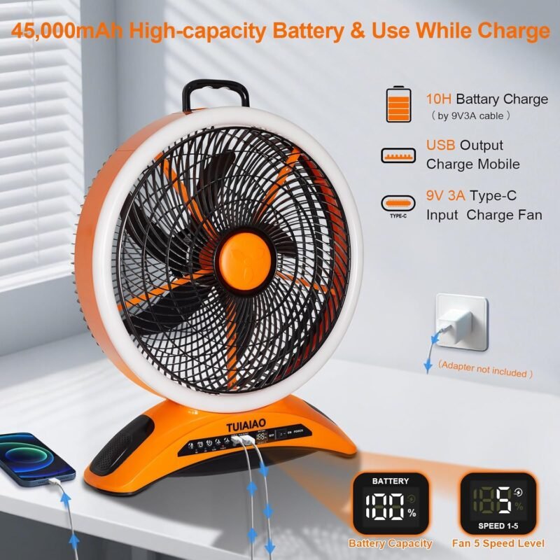 Übergroße 30,5 cm große Flügel und Super 830 CFM Luftstromventilator, 45000 mAh Powerstation, tragbarer Ventilator, Tischventilator, hohe Geschwindigkeit 8/niedrig 40 Stunden, LED-Leuchten