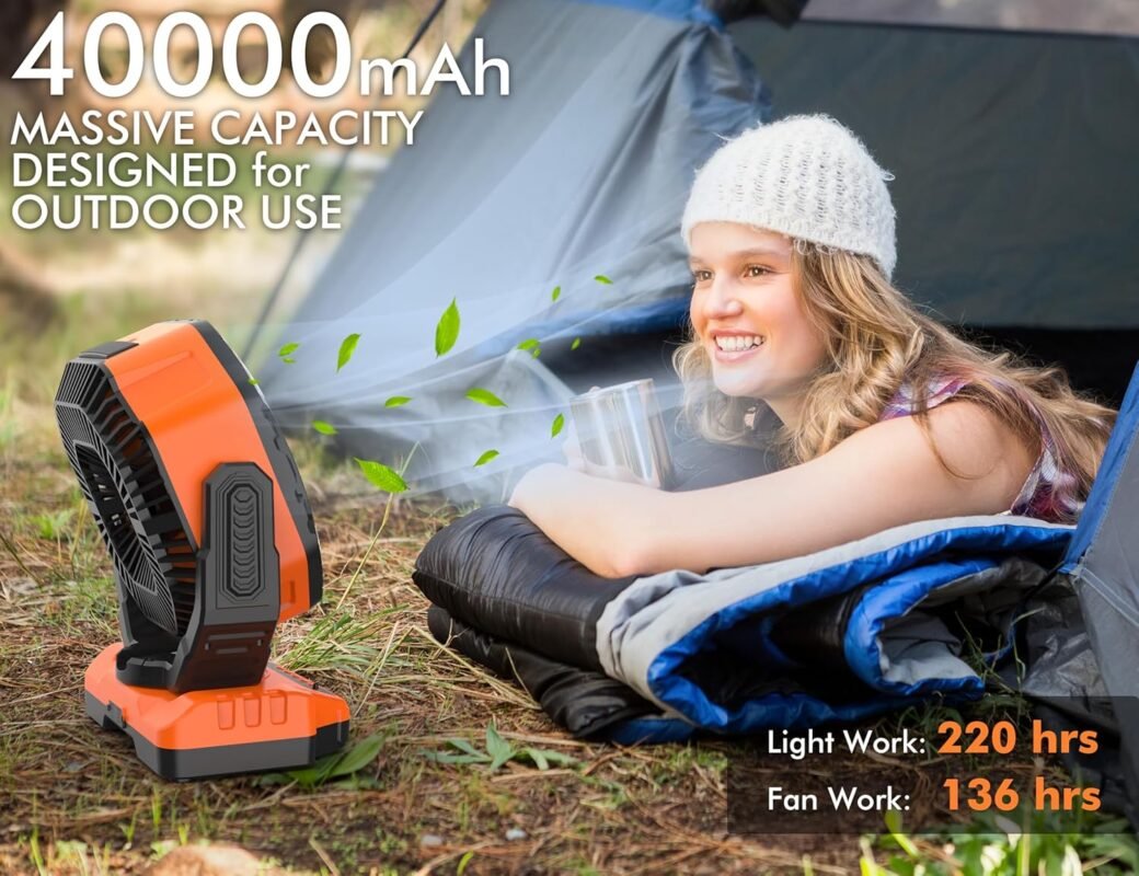 40.000 mAh batteriebetriebener Campingventilator, wiederaufladbarer Hochgeschwindigkeits-Bodenventilator, automatische Oszillation, Fernbedienung, Timer – kabelloser Outdoor-Ventilator für Auto