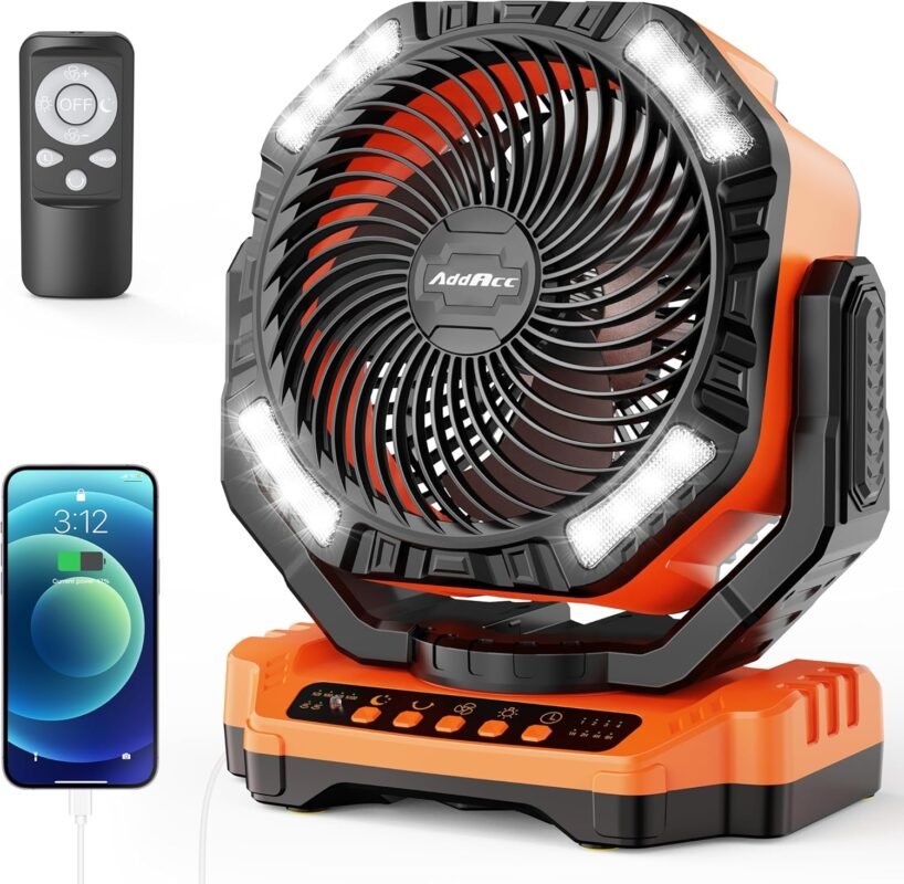 40.000 mAh batteriebetriebener Campingventilator, wiederaufladbarer Hochgeschwindigkeits-Bodenventilator, automatische Oszillation, Fernbedienung, Timer – kabelloser Outdoor-Ventilator für Auto
