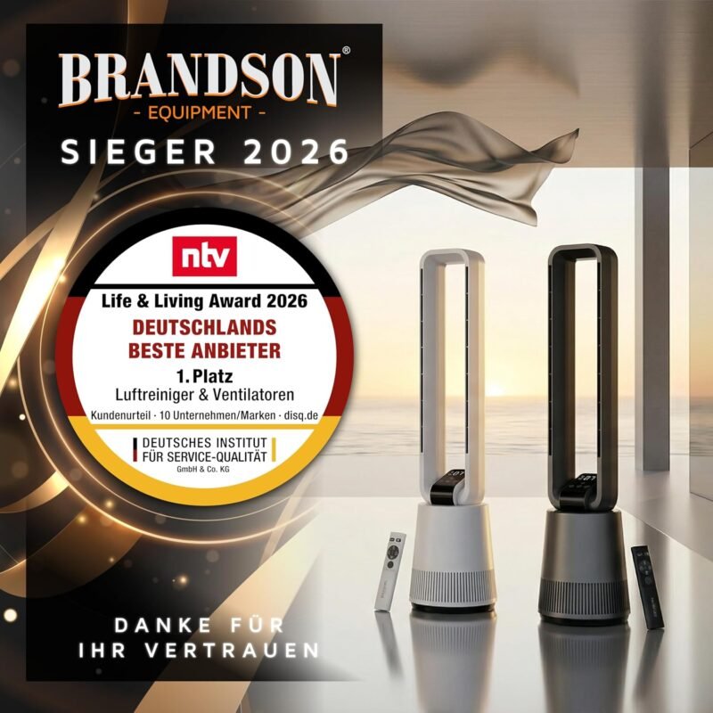 Brandson - Standventilator DC ECO Line - Blattlos rotorlos – Turmventilator DC Motor sehr leise - Sieger Ventilatoren und Luftkühler 2026 - Sleep-Modus – Fernbedienung – energieeffizient